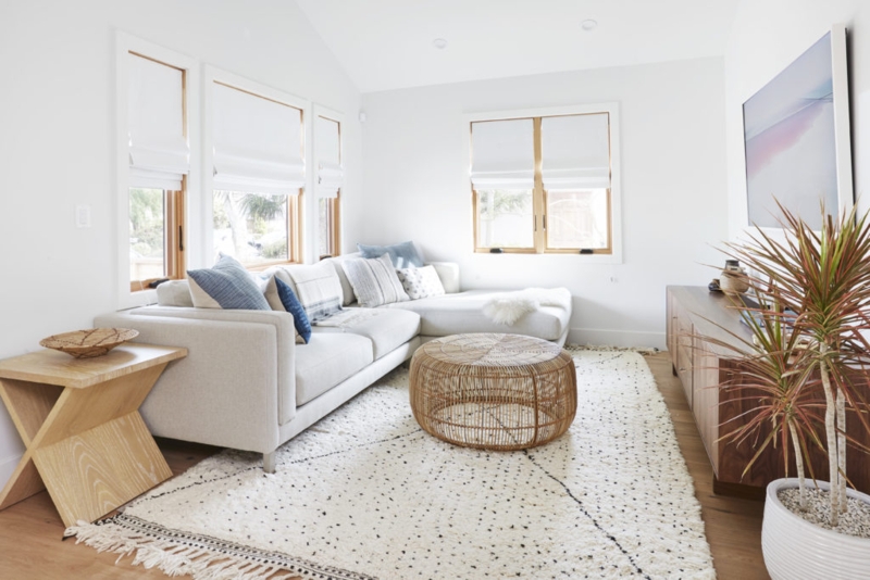 Coastal Modern Living Room: Speckled Shag Rug & Woven Table