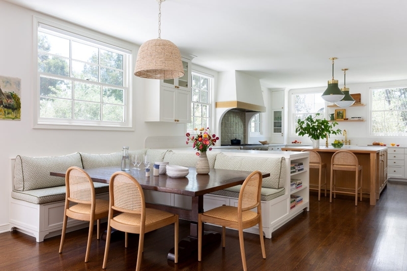 Coastal Modern Nook: Cane Back Seating & Dark Wood Table