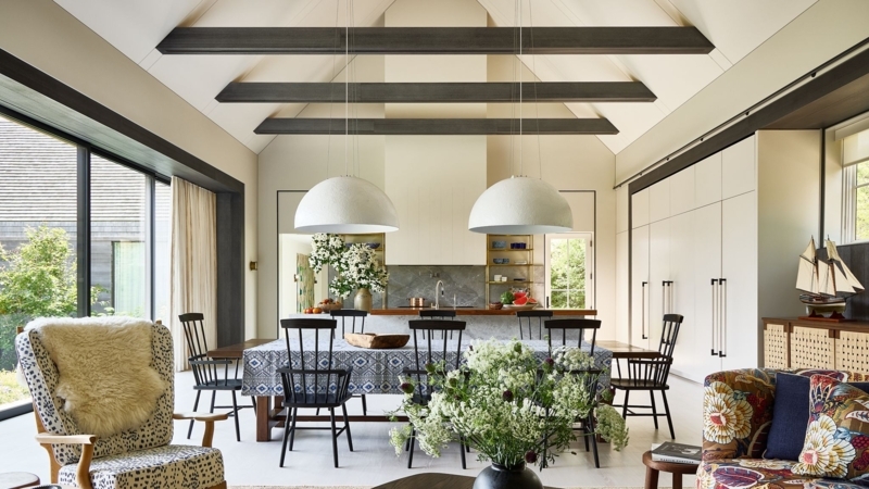 Coastal Modern Open Concept Dining with Dark Beams and Dome Pendants