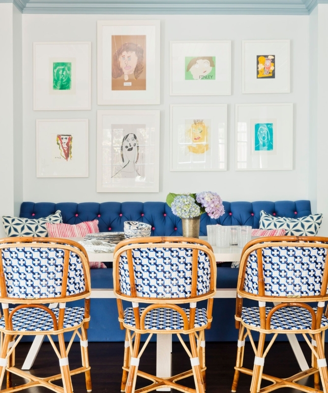 Coastal Nook: Blue Tufted Banquette & Woven Bistro Chairs