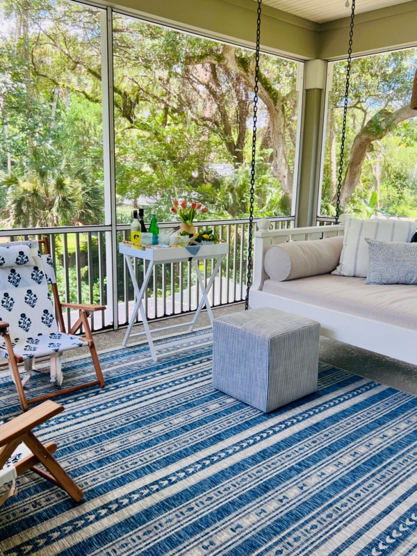 Coastal Screened Porch Decor: Hanging Daybed Swing & Blue Patterns