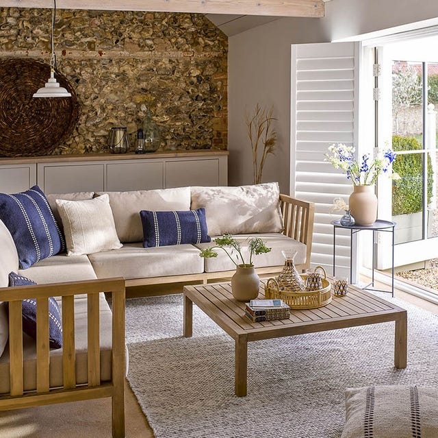 Coastal Sectional Sofa, Slatted Wood Coffee Table, Stone Accent Wall