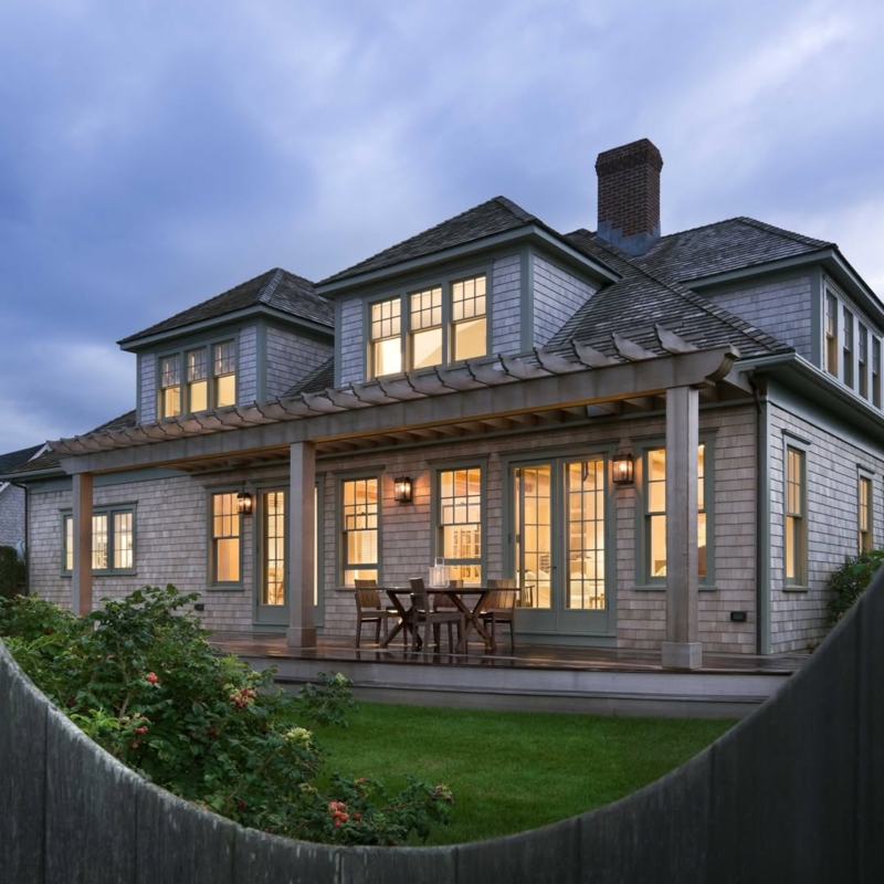 Coastal Shingle Cottage Exterior With Pergola Deck