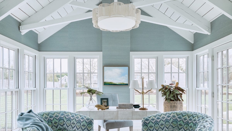 Coastal Sunroom Home Office with Blue Grasscloth Walls