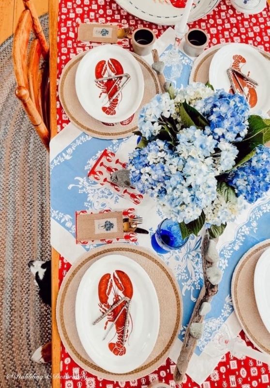 Coastal Table Setting Lobster Patterned Plates Driftwood Accent