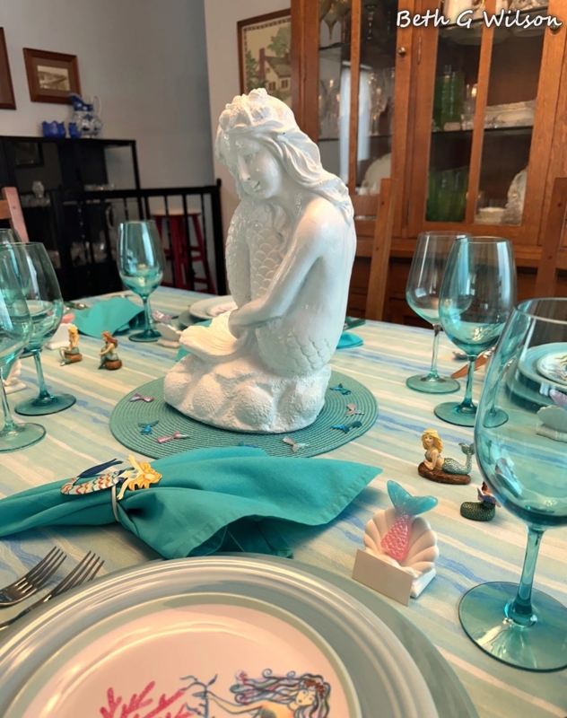 Coastal Tablescape Mermaid Statue Centerpiece Aqua Glassware Collection