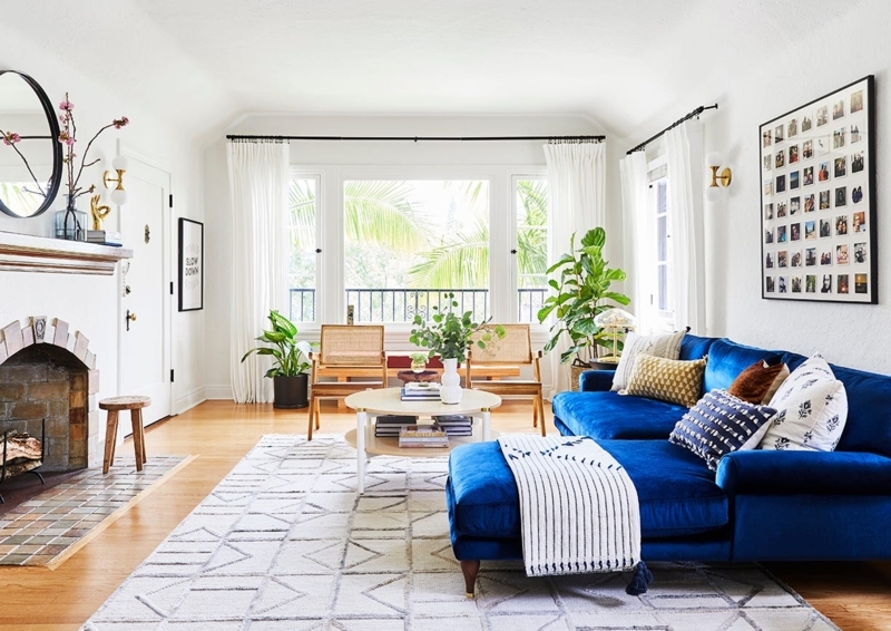 Cobalt Blue Velvet Sectional Sofa in Eclectic Modern Living Room
