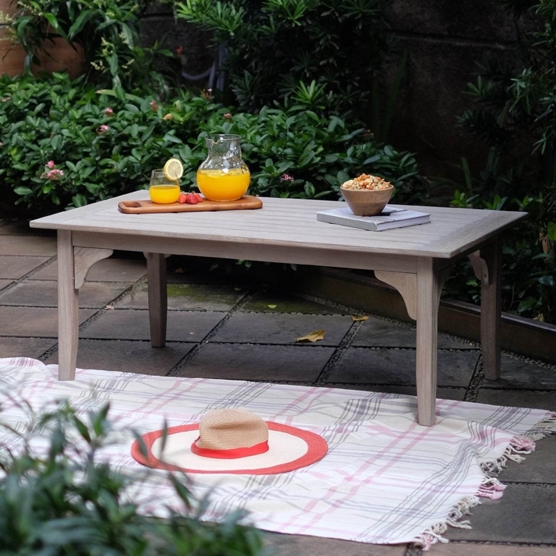 Coffee Table: Weathered Gray Teak Slatted Top Decorative Brackets Weathered Wash