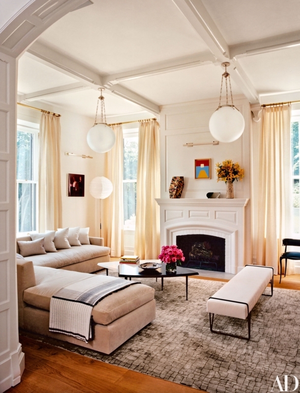 Coffered Ceiling Living Room Design with Oversized Globe Pendants
