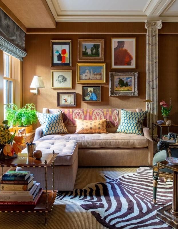 Collected Look Living Room with Zebra Print Rug and Gallery Wall Art