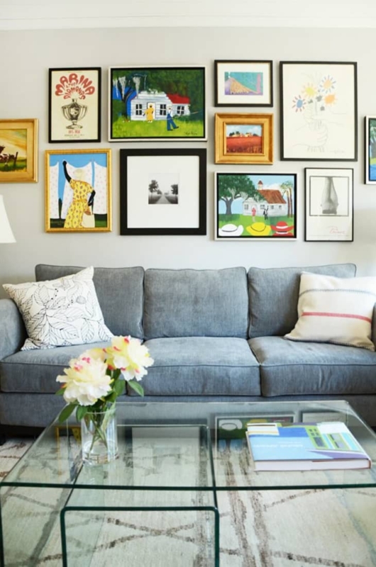 Colorful Gallery Wall Layout with Mixed Frame Finishes
