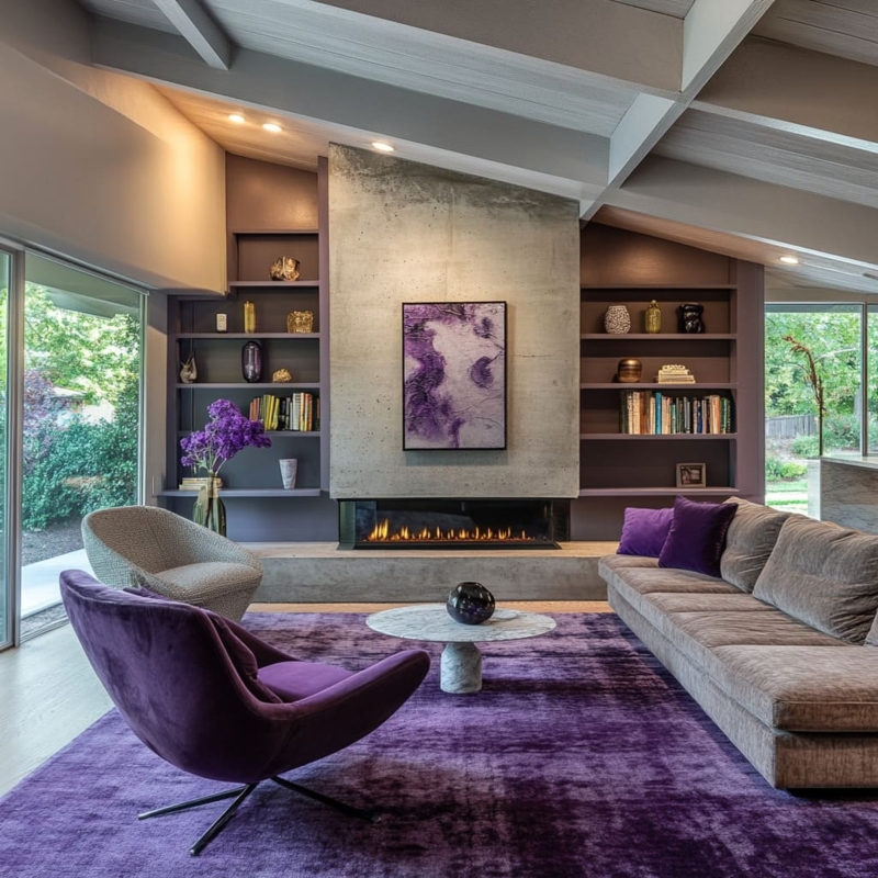 Concrete Fireplace Living Room with Purple Area Rug Ideas