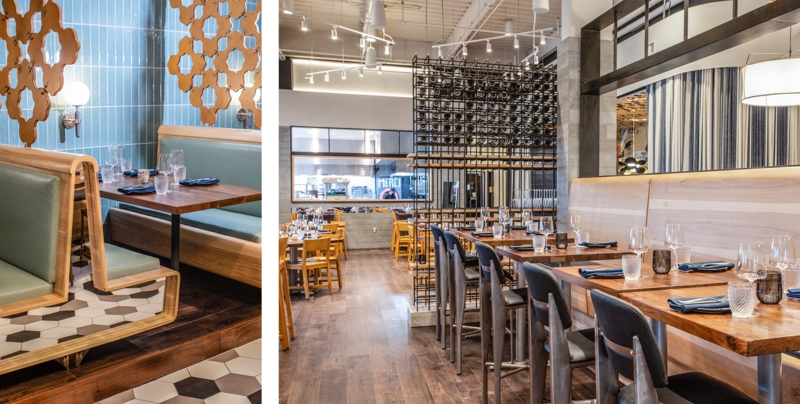 Contemporary Booth Layout: Mint Green Upholstery & Geometric Screens