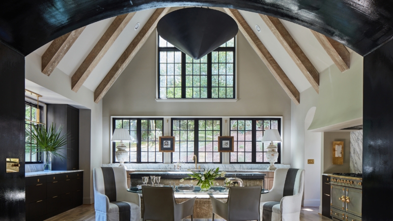 Contemporary Cottage Kitchen: Vaulted Wood Beams & Black Grid Windows