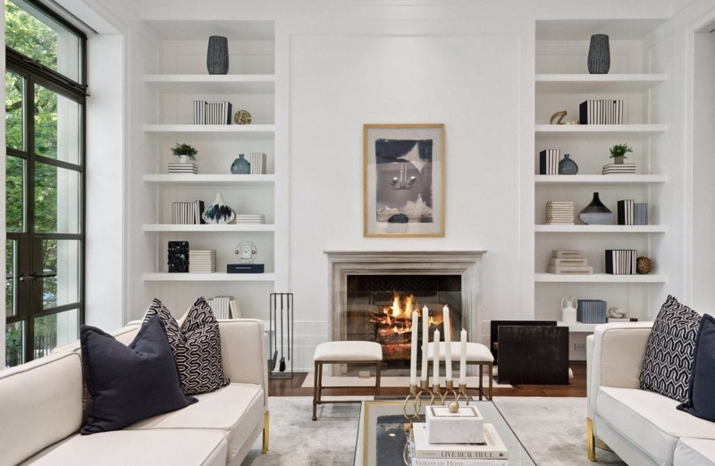 Contemporary Heritage Living Room with Symmetrical Marble Built-Ins