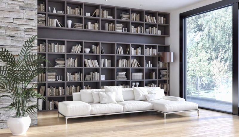 Contemporary Library Lounge: Full Wall Grid Shelving and Stone Pillar