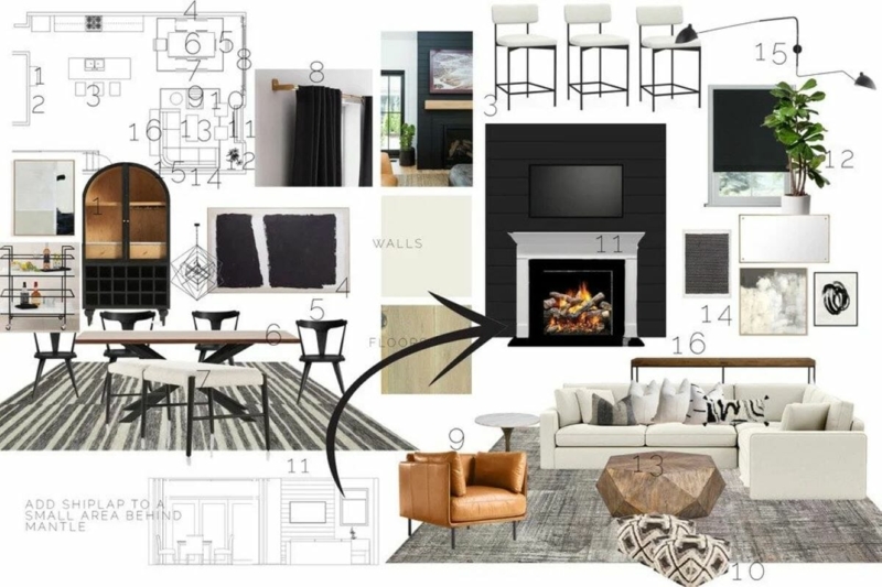Contemporary Living Room Moodboard with Shiplap Fireplace Design Ideas