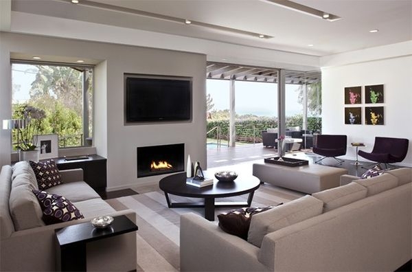 Contemporary Living Room with Garden View & Purple Accent Chairs