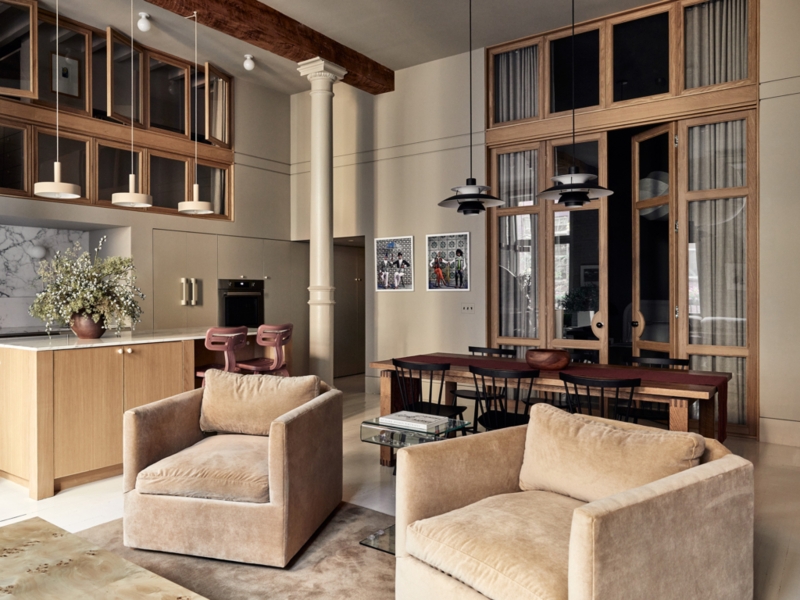 Contemporary Loft Kitchen Architectural Column Glass Door Cabinetry
