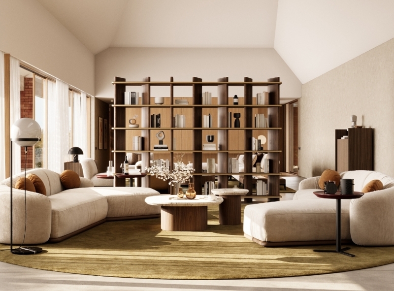 Contemporary Lounge Layout with Curved Sofa & Room Divider Shelving.