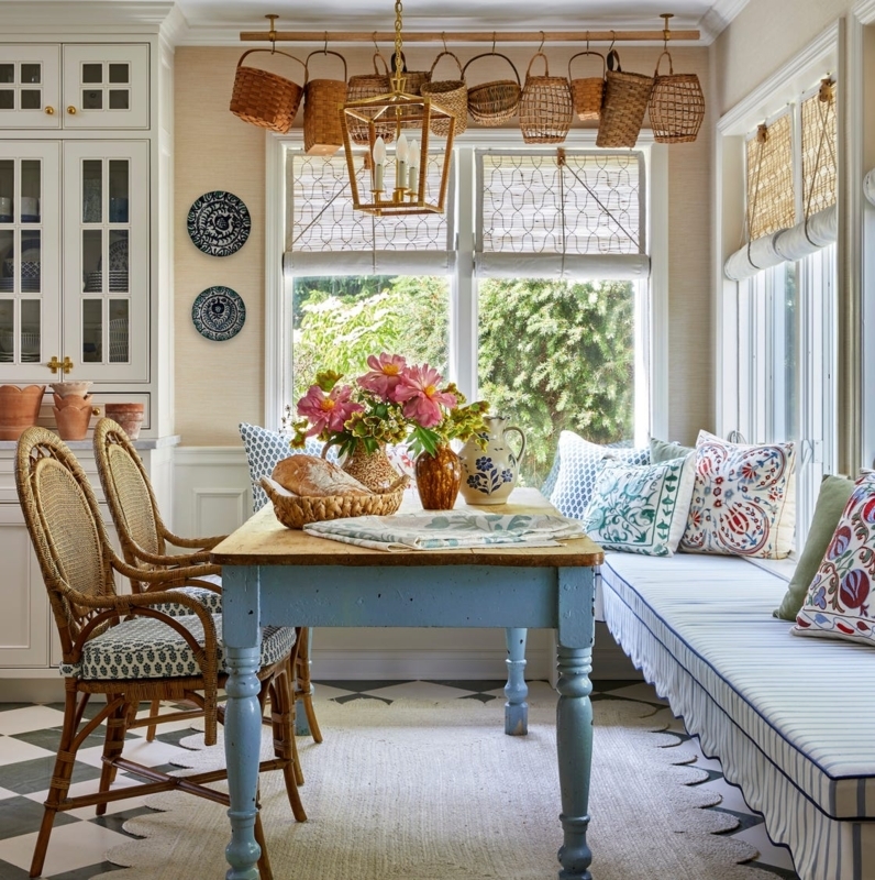 Cottage Breakfast Nook with Hanging Basket Display & Floral Window Seat