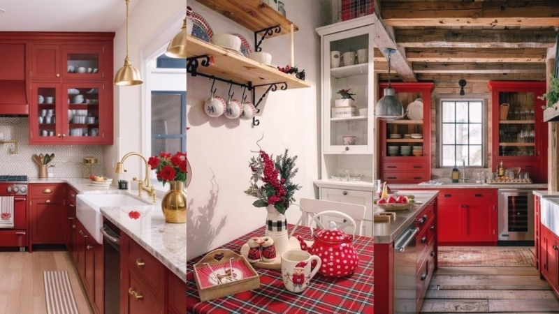 Cottage Kitchen Design Crimson Cabinetry Exposed Wood Beams Brass