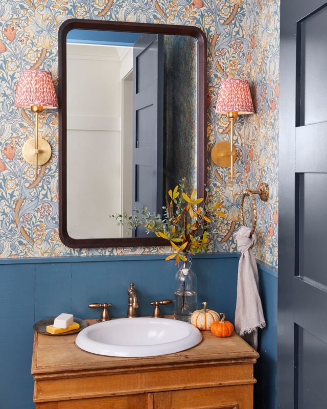 Cottage Powder Room with Blue Beadboard, Botanical Wallpaper and Pink Shades