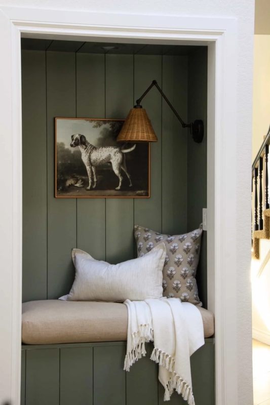 Cottage Style Built-in Reading Nook with Sage Green Paneling