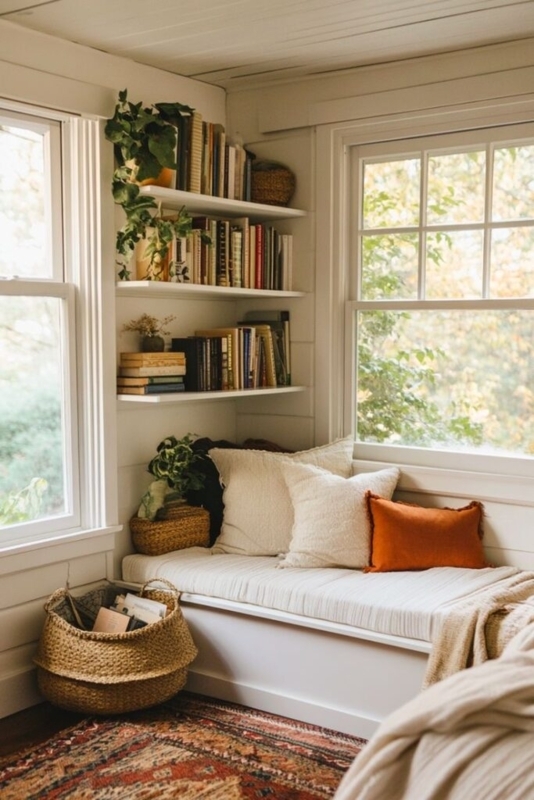 Cottage Style Nook Decor with corner floating bookshelves and shiplap.