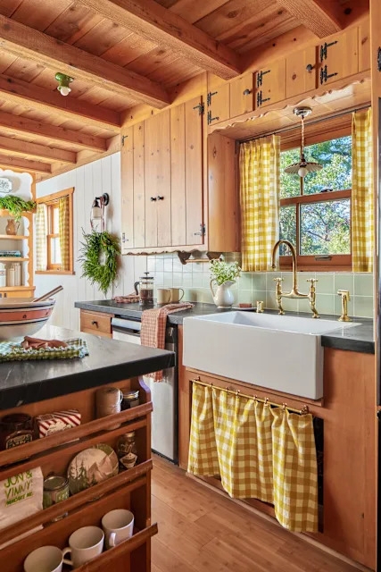 Cottagecore Kitchen with Yellow Gingham Curtains and Exposed Beams