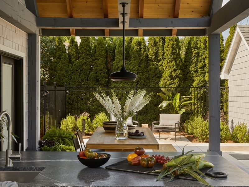 Covered Outdoor Kitchen under Timber Pavilion with Charcoal Counter