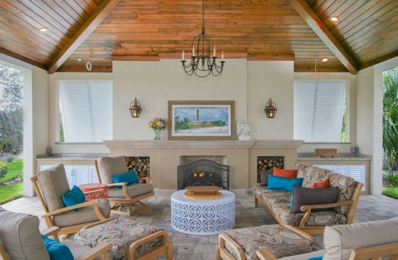 Covered Outdoor Patio with Vaulted Wood-Plank Ceiling and Fireplace