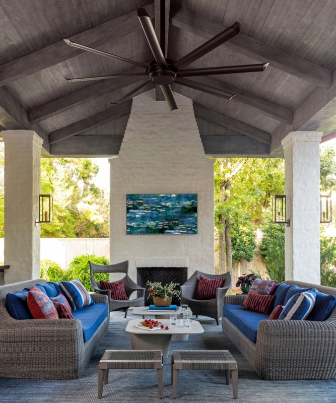 Covered Patio Lounge: Vaulted Wood Ceiling & Grey Wicker Furniture