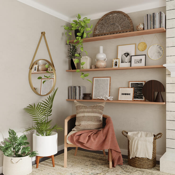 Cozy Boho Reading Nook: Floating Shelves & Cane Back Chair