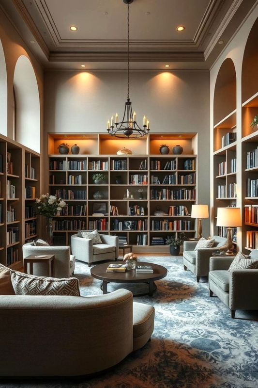 Cozy Library Seating Circle with Arched Wall Alcoves