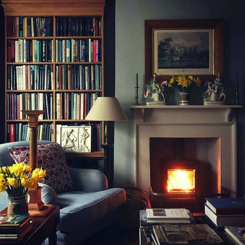 Cozy Traditional Nook: Navy Accent Chair & Wood Stove Fireplace.