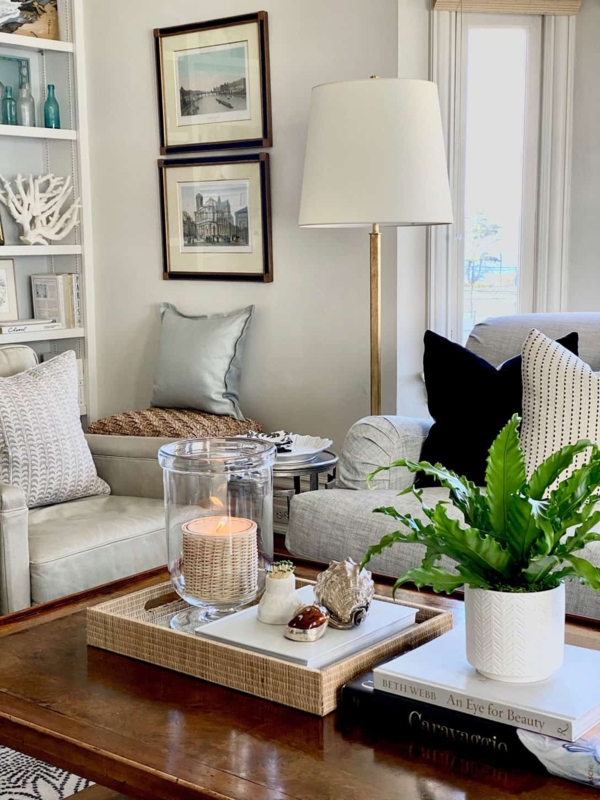 Cozy Transitional Seating Nook with Rattan Wrapped Candle