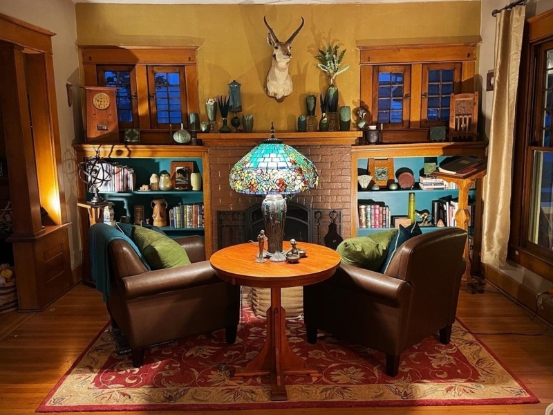 Craftsman Reading Nook featuring Stained Glass Lamp & Teal Shelf Interiors.