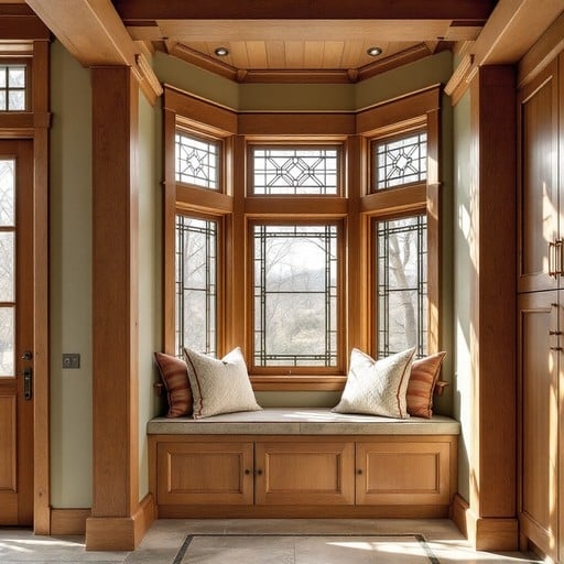 Craftsman Style Window Seat, Geometric Leaded Glass, Rich Timber Trim.