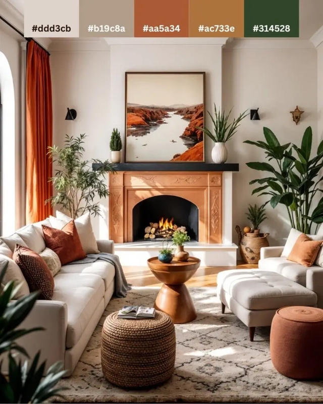 Cream Sectional Sofa Layout with a Carved Wood Mantel and Arched Fireplace.