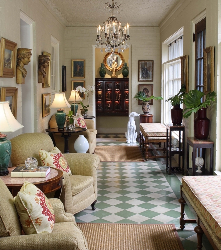 Crystal Chandelier in a traditional sunroom with green checkered floor.