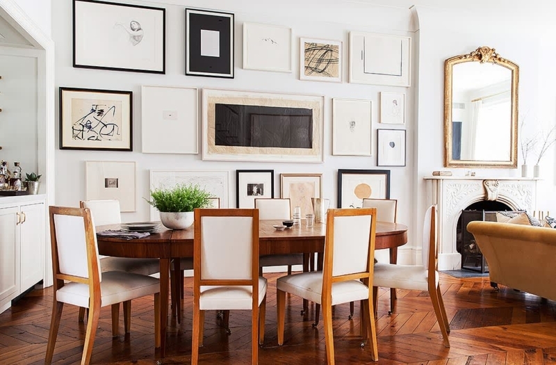Curated Gallery Wall Dining Room & Herringbone Wood Floors