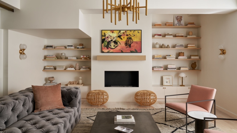 Curated Living Room: Tufted Velvet Sofa & Recessed Built-in Shelving
