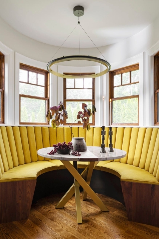 Curved Breakfast Nook: Yellow Channel Tufting & Gold Table Base