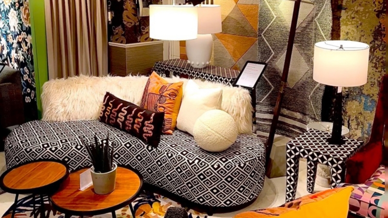 Curved Geometric Chaise Lounge with Faux Fur Accents & Nested Tables