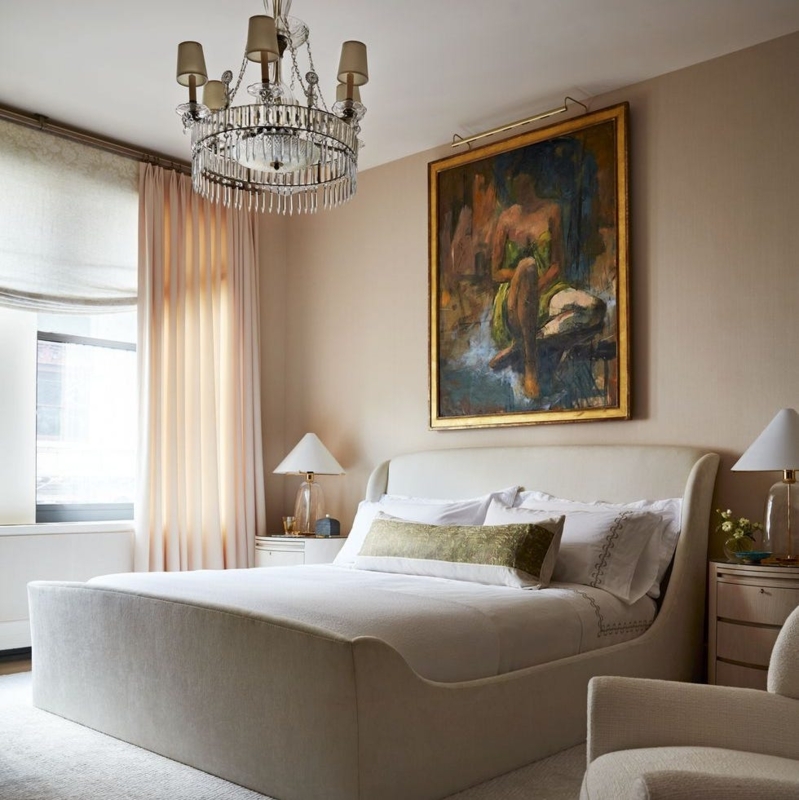 Curved Headboard Bed with Crystal Chandelier Calm Neutral Design