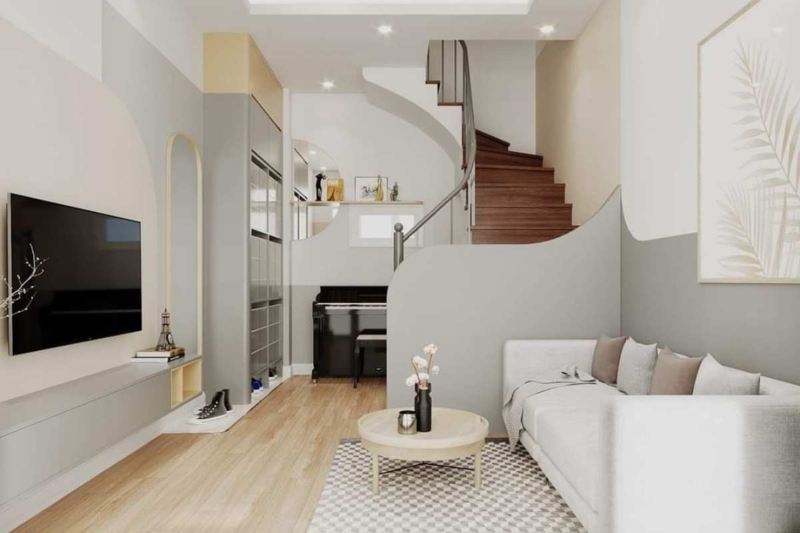Curved Partition Wall Design Ideas: Minimalist Lounge & Curved Staircase