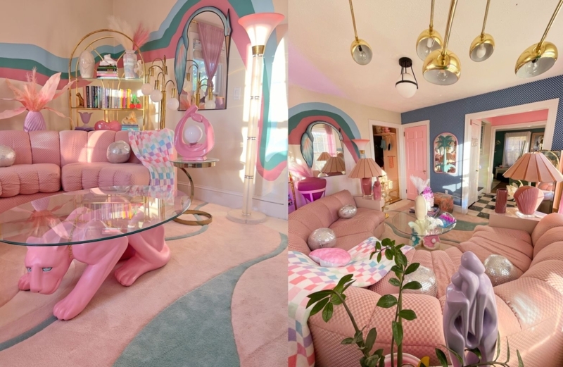 Curved Pink Modular Sofa: Pink Panther Table Base & Wavy Wall Mural