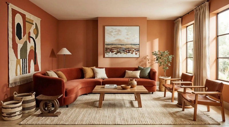 Curved Rust Sectional in a Bohemian Living Room with Woven Rug.