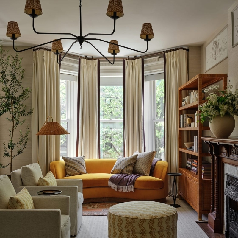 Curved Sofa Bay Window Layout With Mustard Yellow And Cream Palette